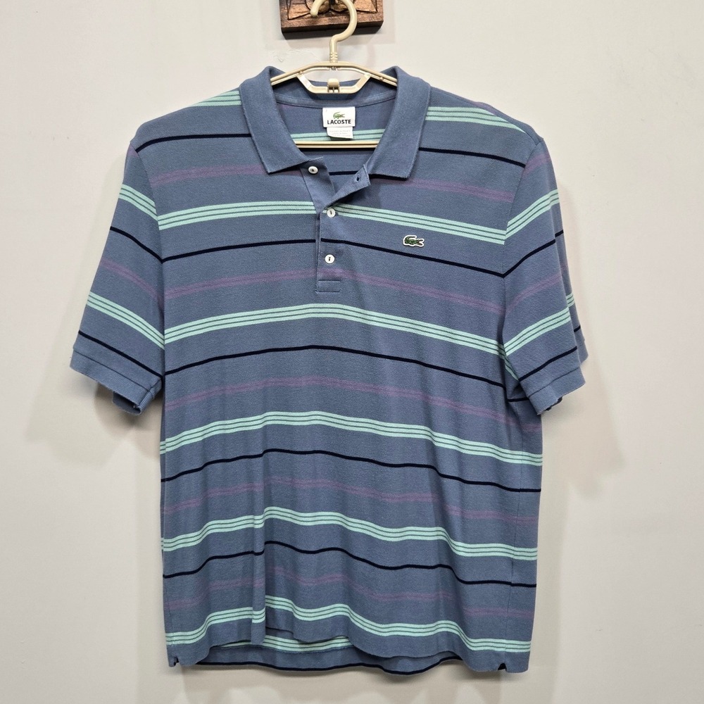 Lacoste Polo Shirt 7 US 2XL Blue Stripe Pique Cotton‎ Croc Logo Retro Y2K Preppy